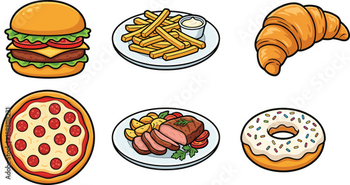 Delicious fast food and snack icons set with burger, fries, croissant, pizza, meat plate and donut, colorful cartoon vector illustration isolated on white.