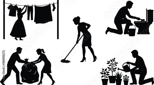 Household chores silhouette set showing woman hanging laundry, mopping floor, man cleaning toilet, couple taking out trash, and watering plants at home.