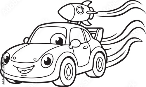 Cute Cartoon Rocket Car Outline Coloring Page for Children