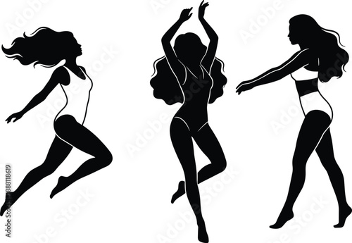 Sexy female dancer silhouettes set with three women in dynamic poses, long hair and lingerie bodysuit, black elegant dancing girls isolated on white background.