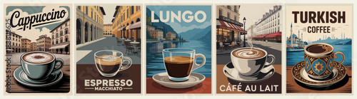 Retro travel style poster series featuring European coffee drinks and cafe scenes with muted colors and classic illustration design.