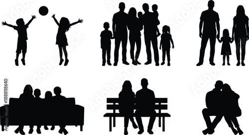 Family silhouettes collection showing parents and children standing, playing with ball, sitting on sofa and bench, happy togetherness scenes, black figures isolated on white.