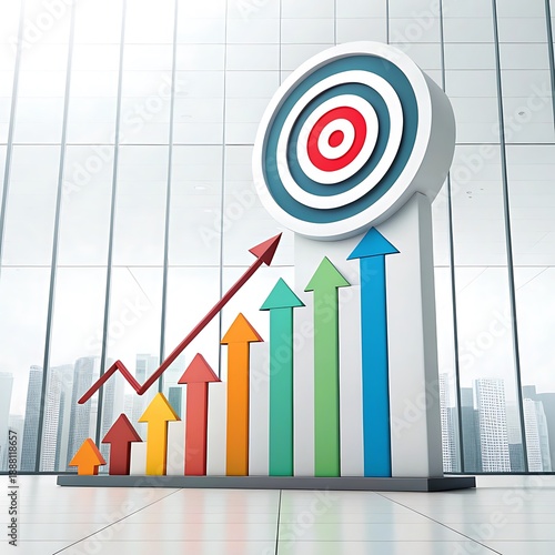 Business growth chart with target and city skyline
