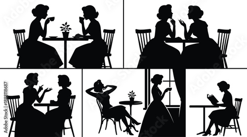 Vintage women silhouettes set in café scenes, ladies drinking tea, chatting, relaxing, and reading book, elegant retro female figures isolated on white background.