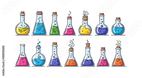 Colorful cartoon laboratory glassware with various liquids and bubbles on white background