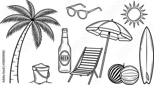 Summer beach vacation doodle set with palm tree, sunglasses, sun, umbrella, deck chair, surfboard, beer bottle, sand bucket and ball outline icons.