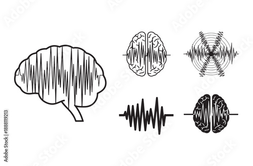 Sound Effect on Brain Silhouette Icon Sheet, Audio Signal and Neural Processing Concept Vector