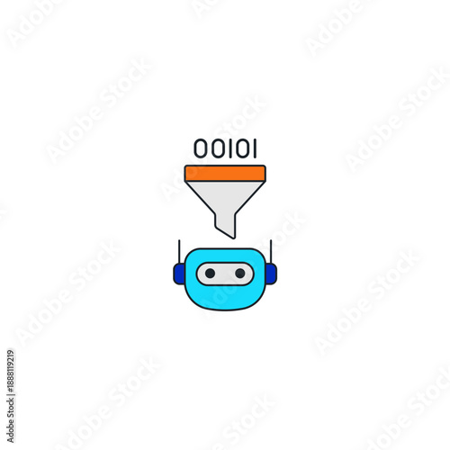 Data Training Funnel Pouring Binary Code into Robot Head. Big Data Processing, AI Education, and Information Ingestion Vector