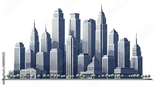 Stylized illustration of a city skyline with tall buildings and trees skyscrapers