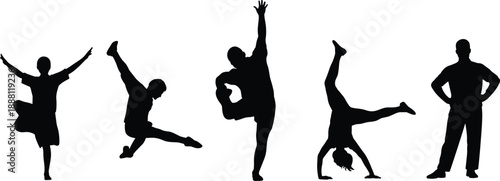 Acrobatic silhouette illustration, black figures in dynamic poses, dance and gymnastic movement, white background, expressive body motion theme