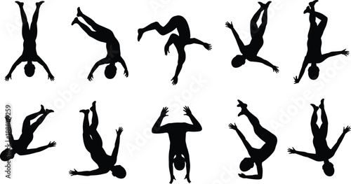 Acrobatic silhouette illustration, black figures in aerial poses, gymnastic motion stages, white background, athletic movement and flexibility theme