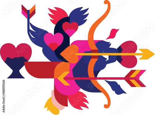 A vibrant illustration of Cupid with colorful hearts and arrows on a white background