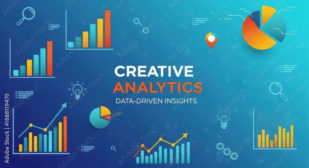 Obraz premium Creative Analytics Data-Driven Insights: Growing Charts and Graphs on Blue Background
