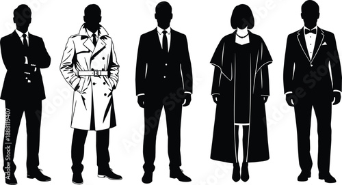 Black and white silhouettes of five formally dressed people standing formal wear