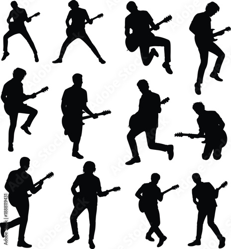 Electric guitar player silhouette illustration, black figures in dynamic poses, live music energy, white background, performance theme