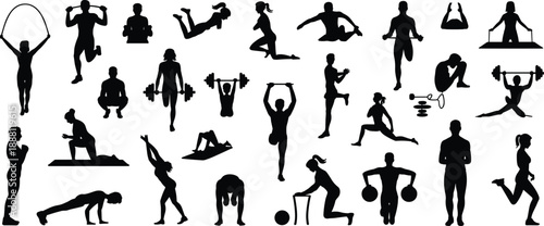Fitness exercise silhouette illustration, black figures in workout poses, gym equipment, healthy lifestyle theme, white background, physical activity