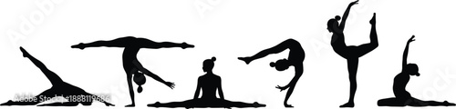 Gymnastics and dance silhouette illustration, black figures in flexible poses, white background, athletic movement and artistic expression theme