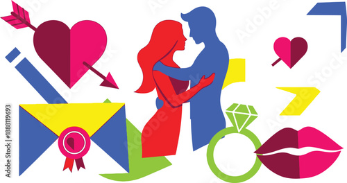A colorful illustration of a couple embracing surrounded by symbols of love and romance