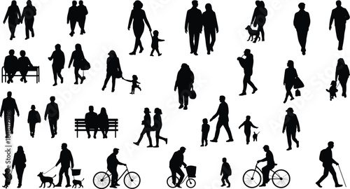 Public space silhouette illustration, walking figures, cyclists, dog walkers, seated people, black profiles, everyday activity, white background