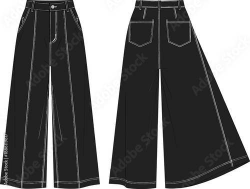 Black jeans with white stitching front and back view wide leg pants denim fashion clothing