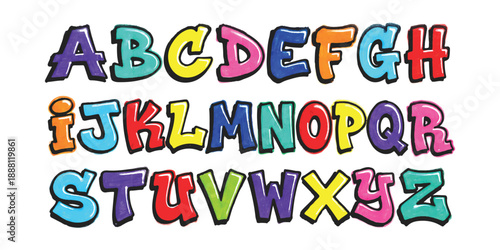 Vibrant and playful cartoon alphabet in bubble letters, perfect for early education and creative design