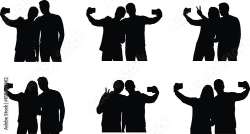 Black silhouettes of couples taking selfies people phones