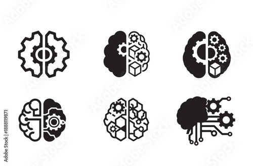 Brain with Settings Silhouette Icon Sheet, Artificial Intelligence Configuration and Thinking Vector