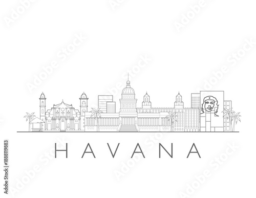 Havana skyline, Cuba. Urban cityscape with landmarks and monuments. Hand drawn digital skyline illustration.