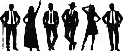 Black silhouettes of six people in business attire on white background suits dresses