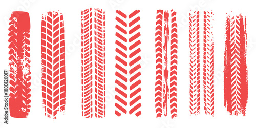 A collection of red tire tracks illustrating various vehicle tread patterns and designs
