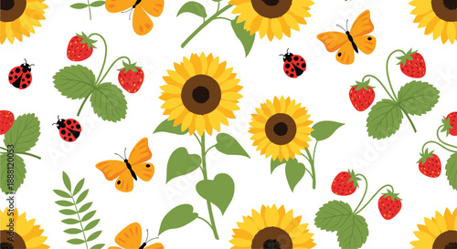 Seamless summer pattern featuring bright sunflowers ripe strawberries orange butterflies and cute ladybugs on white.