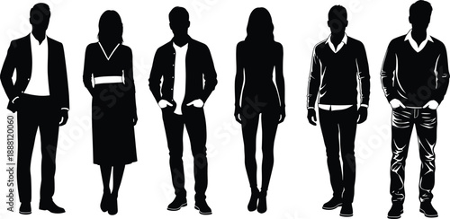 Black silhouettes of six people in business casual clothing white background