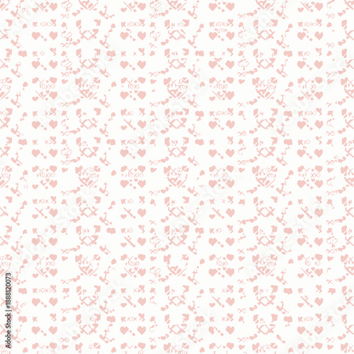 Pastel pink heart pattern with love symbols on white background