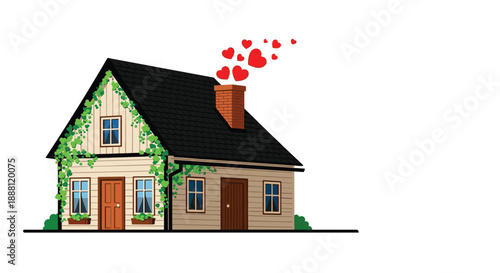 Charming two story cottage with green ivy climbing the walls and heart shaped smoke rising from the brick chimney.