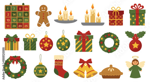 Comprehensive collection of Christmas icons featuring ornaments gifts wreaths candles and advent calendar for holiday.
