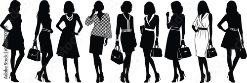 Black silhouettes of women in dresses and heels white background