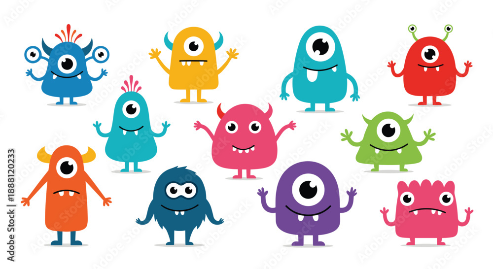Fototapeta premium Collection of twelve diverse and colorful cute monsters with various eyes, horns, and expressions for children illustrations.