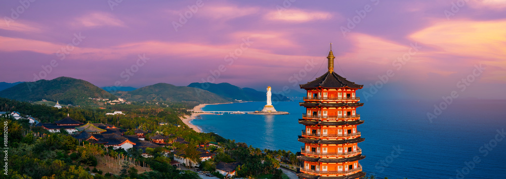 Fototapeta premium Aerial view buddhism pagoda and Guanyin statue in buddhism cultural park temple in Sanya, Hainan island China