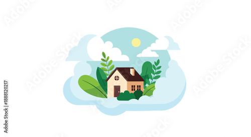 Whimsical illustration of a small cozy house nestled among oversized green leaves and soft clouds on a blue background.