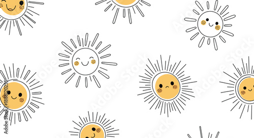 Seamless pattern featuring cute smiling suns with rosy cheeks in a minimalist hand-drawn style for children's designs.