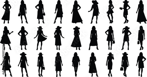 Black silhouettes of women in various poses and outfits white background dresses
