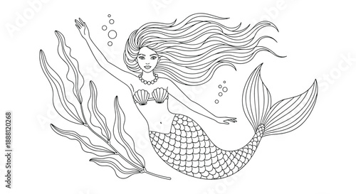 Graceful mermaid swimming among seaweed and bubbles in a detailed black and white line art illustration for coloring pages.