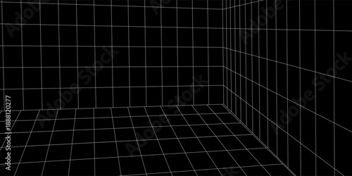 Perspective view in grid room corner. 3 d corner of room in an unusual perspective. Abstract geometric design background