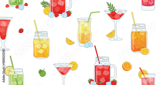 Seamless tropical pattern featuring various colorful fruit cocktails and iced drinks with berries for summer party themes.