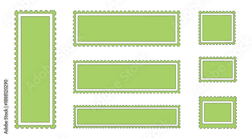 Collection of green postage stamp frames in various rectangular and square sizes for creative design projects isolated on white background.