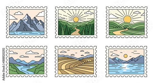Collection of six postage stamp designs featuring beautiful nature landscapes like mountains, valleys, rivers, and sunsets in a flat style.