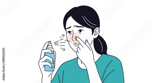 Illustration of a young woman with a red nose using a blue nasal spray bottle to treat allergy symptoms or a common cold in a flat style.