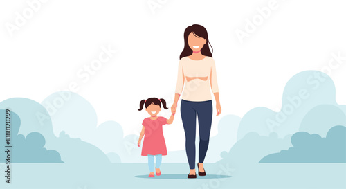 Happy mother and young daughter walking together hand in hand against a soft blue sky background with fluffy clouds and green bushes.