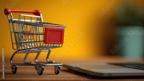 Small cart stands on table near open laptop illustrating buying groceries online concept