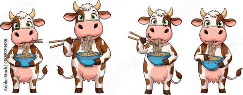 Cartoon cows eating noodles with chopsticks brown and white cow green eyes pink nose